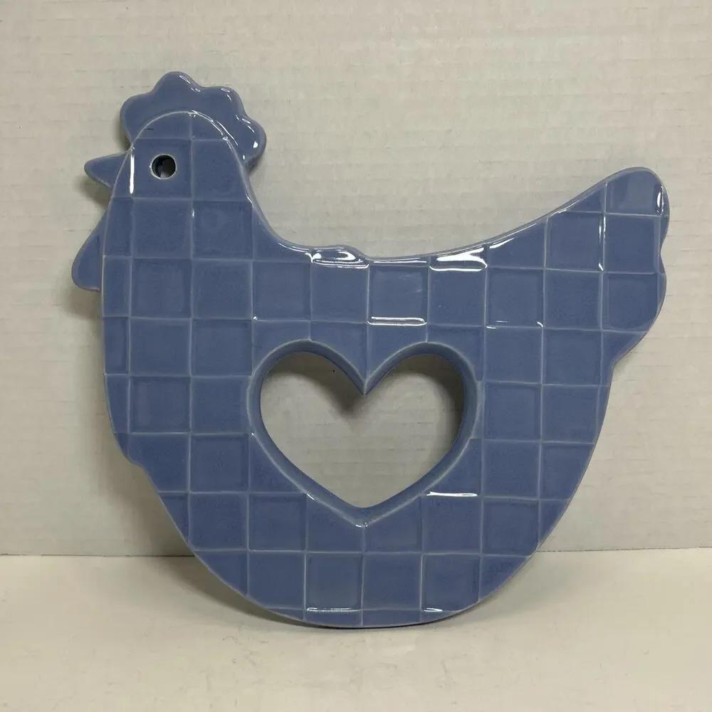 Treasure Craft Ceramic Pale Blue Chicken Hen Trivet Wall Decor Country Heart